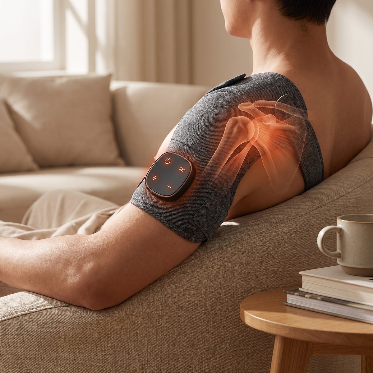 MotionWell Pro Shoulder — lifestyle, relaxing on sofa
